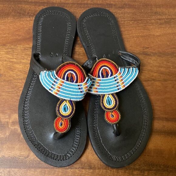African Womens' Beaded Leather Sandals  - Picture 1 of 6